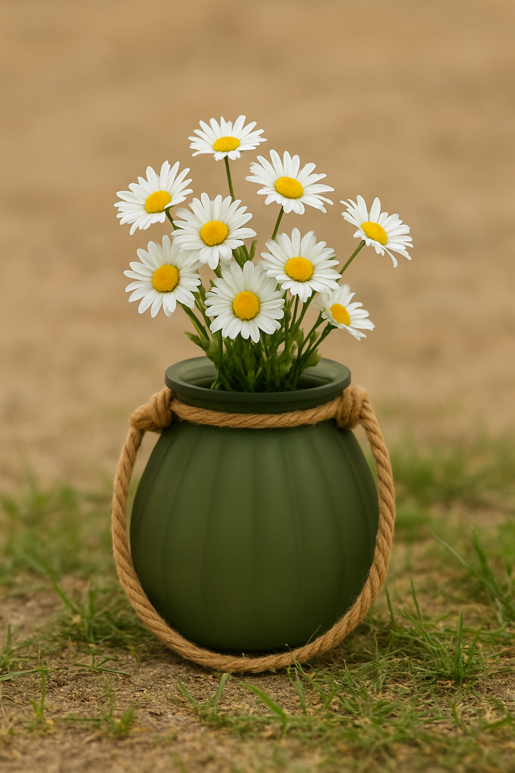 Jarrón verde con asa cuerda